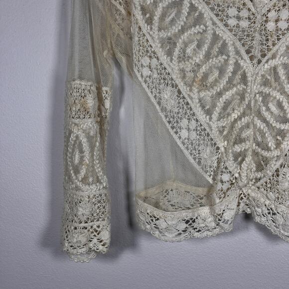Antique Edwardian Net Lace Blouse Floral Embroidery Crochet Silk Cotton 1900s - Picture 14 of 16